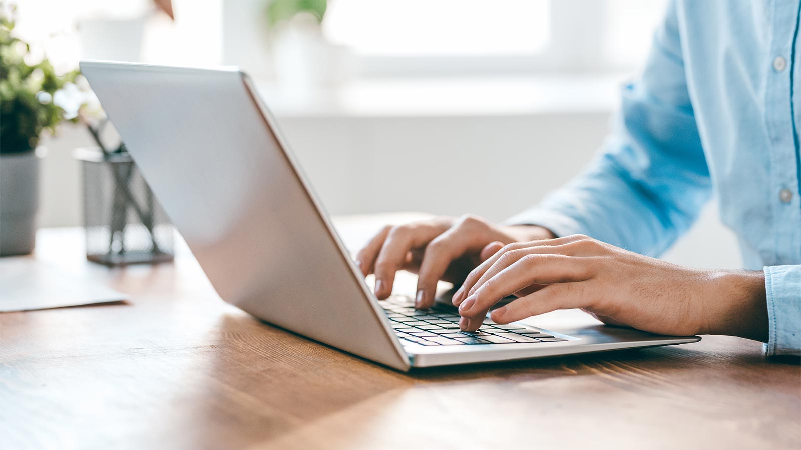 person in blue button down working on laptop in sunlight room