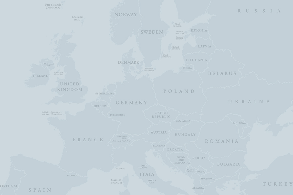 Political map of Europe showing country borders and names