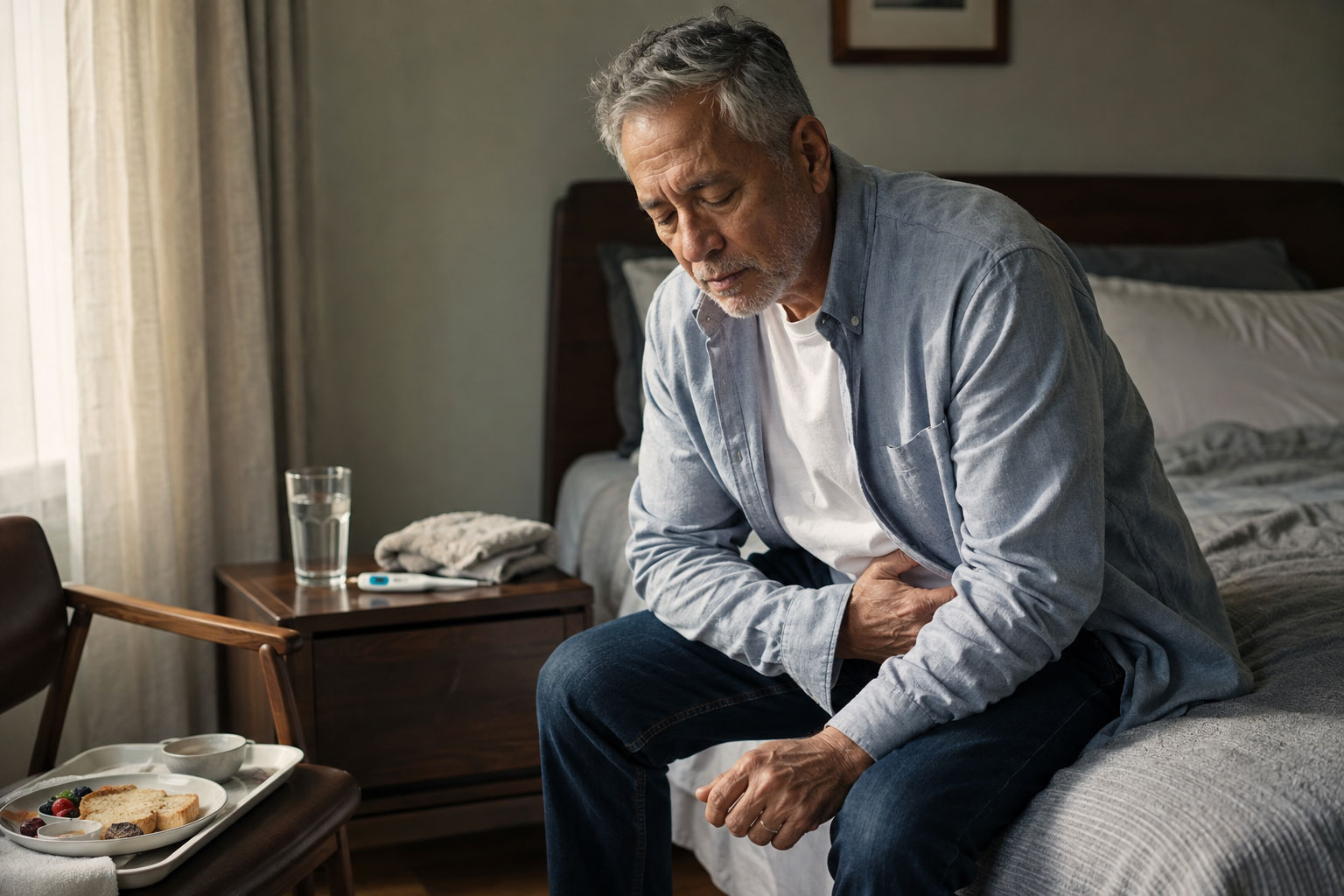 mf male patient experiencing symptoms and sitting on bed